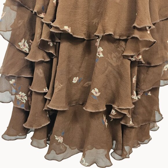 Fairy Cottage Core Dress Frilled Layer Midi Silk Brown Floral 12 Nicole Miller - Picture 12 of 16